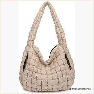 Large Puffer Tote Bag, Quilted Nylon Hobo with Multiple Pockets for Work Travel